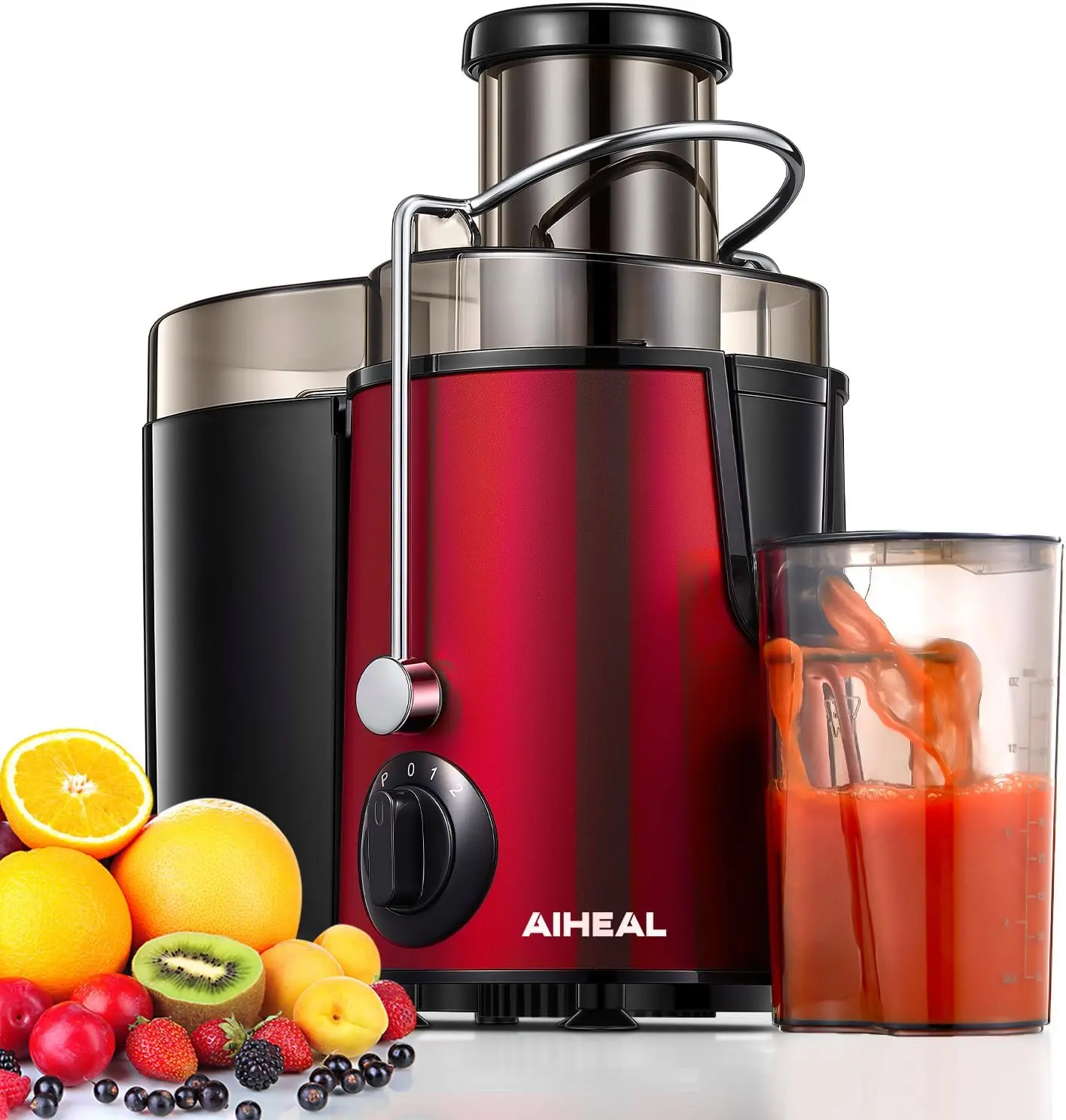 Aiheal Centrifugal Juicer Machine - 3 Speeds, 3'' Feed Chute for Whole Fruits & Vegetables, Food-Grade Stainless Steel, Easy to Clean with Included Brush & Recipe, Red, Food‑Grade Steel