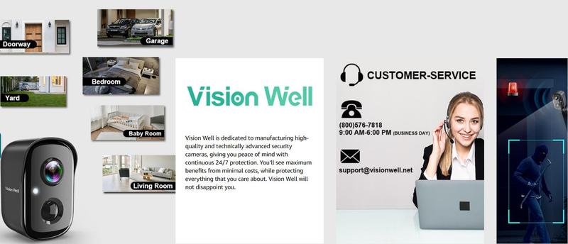 Vision Well Wireless outdoor security camera, IP65 waterproof rating, infrared motion detection, two-way talk, support SD card and cloud storage