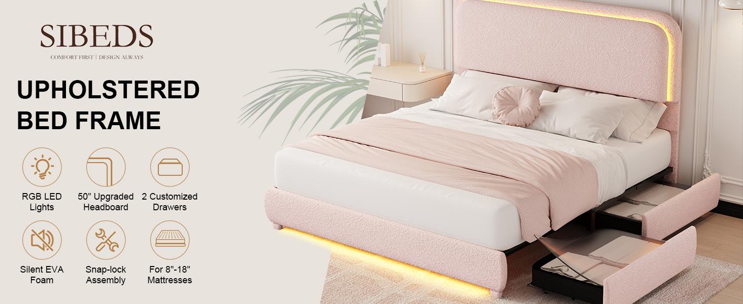 New Arrival Queen LED Bed Frame with 2 Drawers, Teddy Fleece Rounded Upholstered Platform, Headboard, No Box Spring, Quiet, Easy Assembly-Cream,Pink