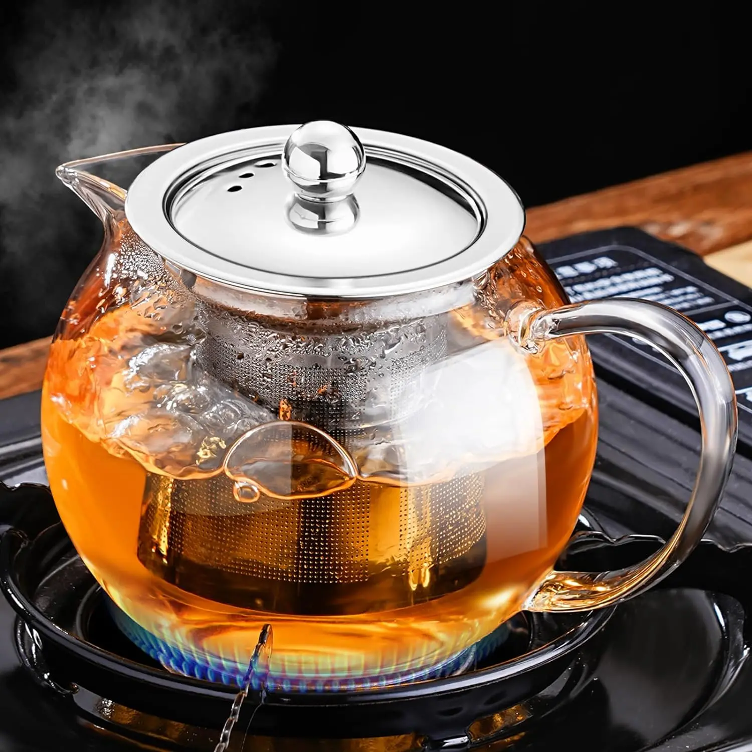 Glass Teapot Stovetop 22 OZ/650ml, Tea pot with Removable 18/8 Stainless Steel Infuser, Borosilicate Clear Tea Kettle, Teapot Blooming and Loose Leaf Tea Maker Tea Brewer for Camping, Travel | Clear small tea kettle with infuser and tea pot