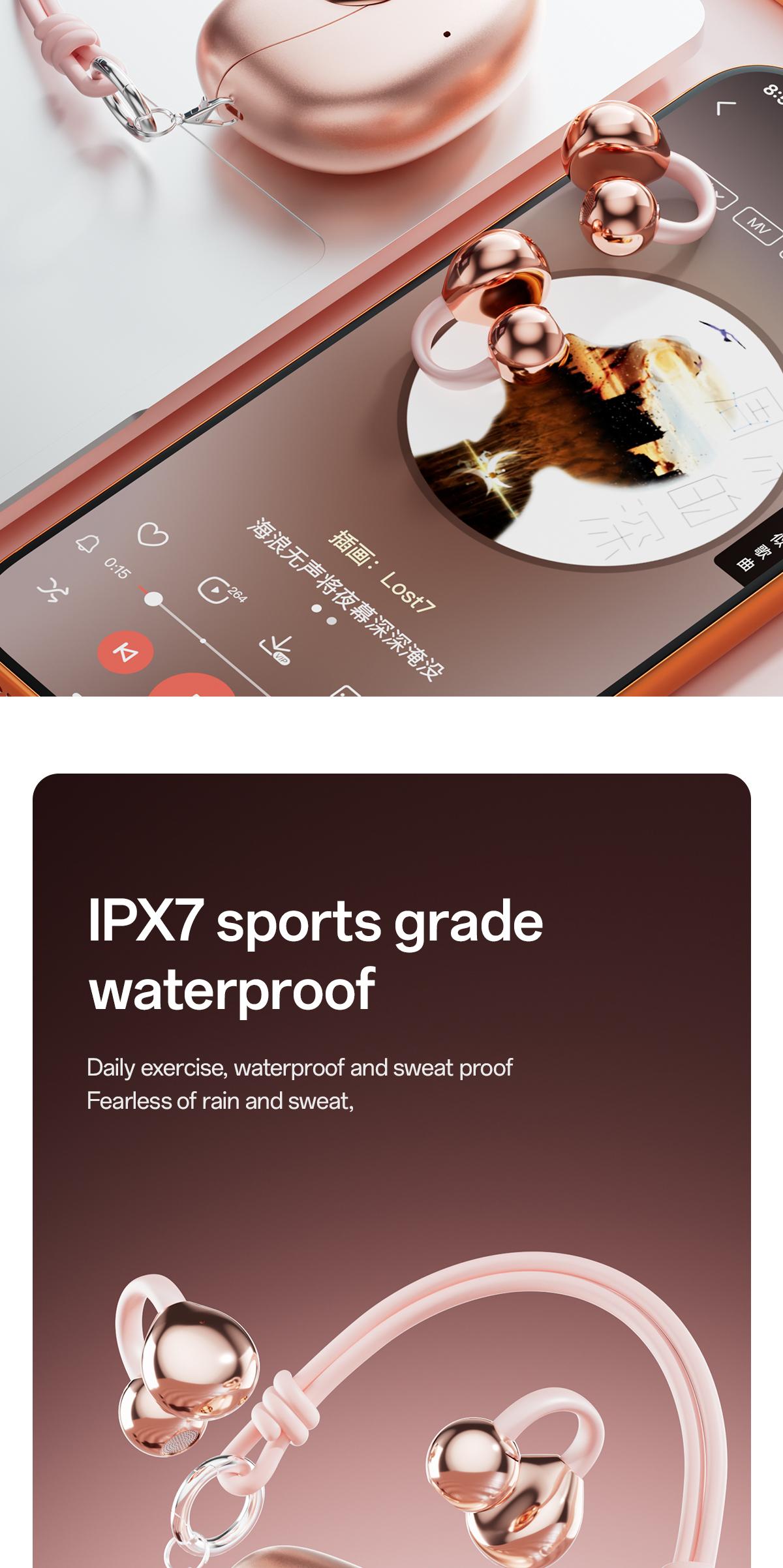 CHENRUIDA M106 Women's Headphones with Dynamic Stereo Earbuds ENC Call Noise Reduction IPX7 Waterproof 360° Panoramic Sound Ear Clip Earphones Comfortable Fit pink head phones