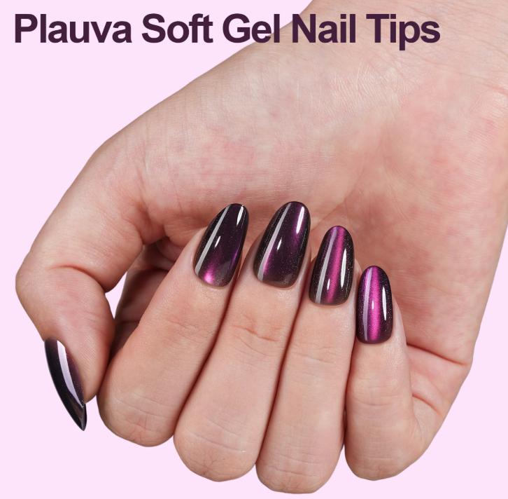 150Pcs Cat Eye Press on Nails, Plauva Short Oval Cat Eye Nail Tips, Glossy Glitter Fake Nails, Soft Gel Stick On Nails for Women and Girls 15 Sizes