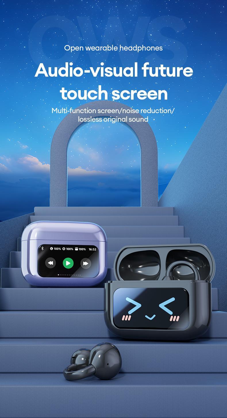 HYUNDAI M100 Clip-On Ear Headphones with Audio-Visual Touch Screen, Wireless Audio Headphones for Music & Phone Calls, Sport Waterproof & Sweatproof, with 2025 Bluetooth 6.0 for Faster, Stable Connection & Low Power Use