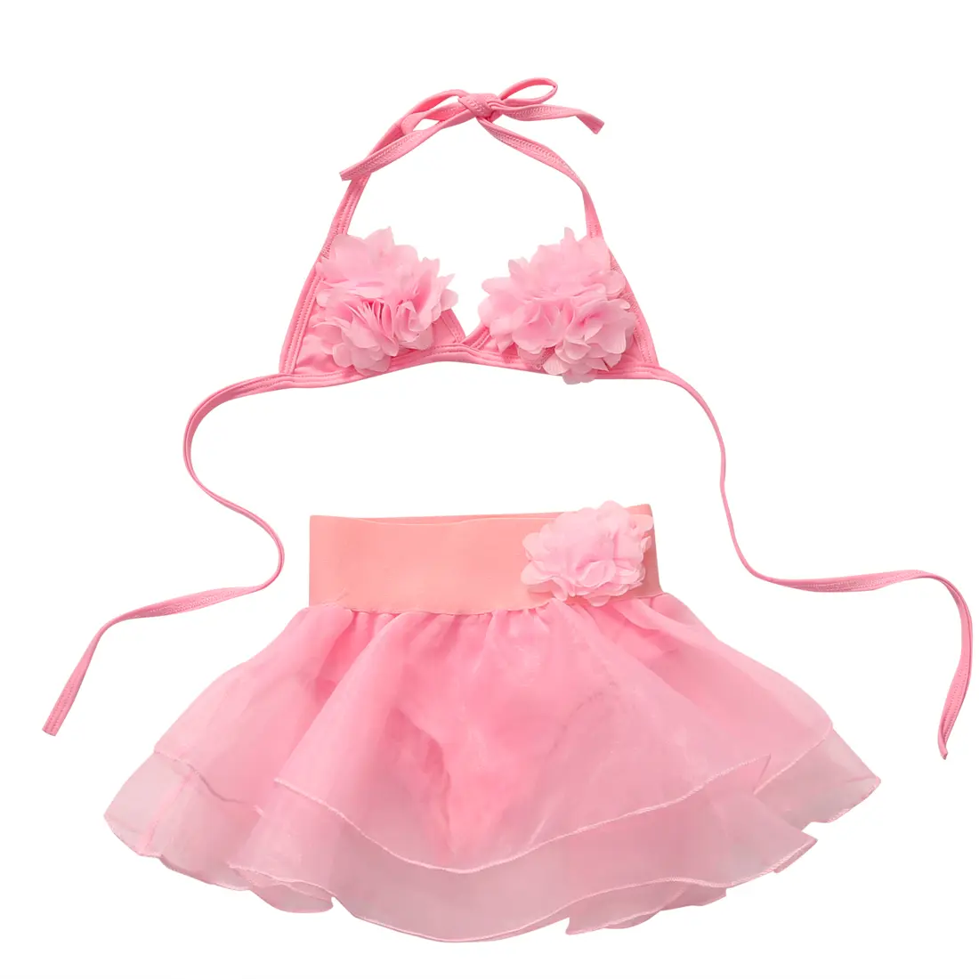 Baby Girl Flower Swimsuit 2Pcs Halter Triangle Tops Tutu Skirt with Panty Bikini Solid Color Set Bathing Suit Swimwear