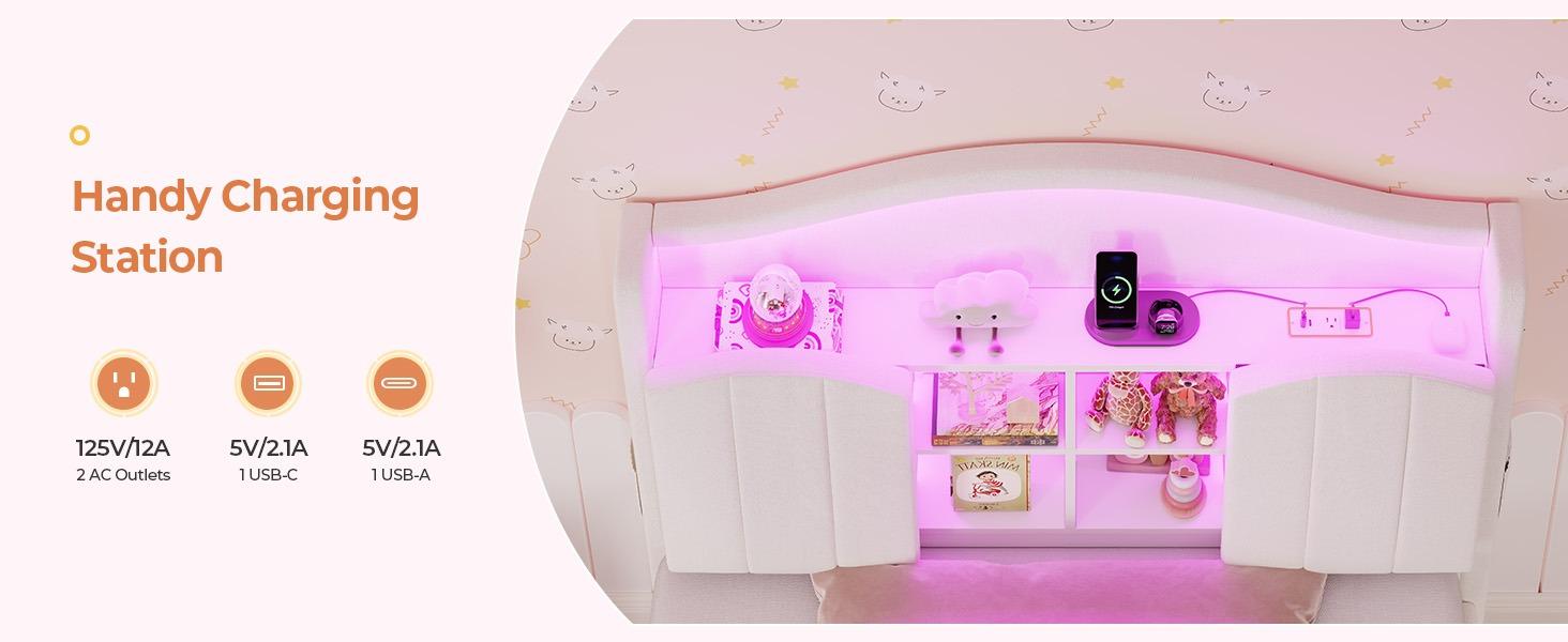 Sikaic Girls Twin Size Bed Frame with 4 Drawers & Hidden Storage Headboard LED Lights Charging Station Velvet Upholstered Strong Metal Slats No Box Spring Needed Noise Free Beige