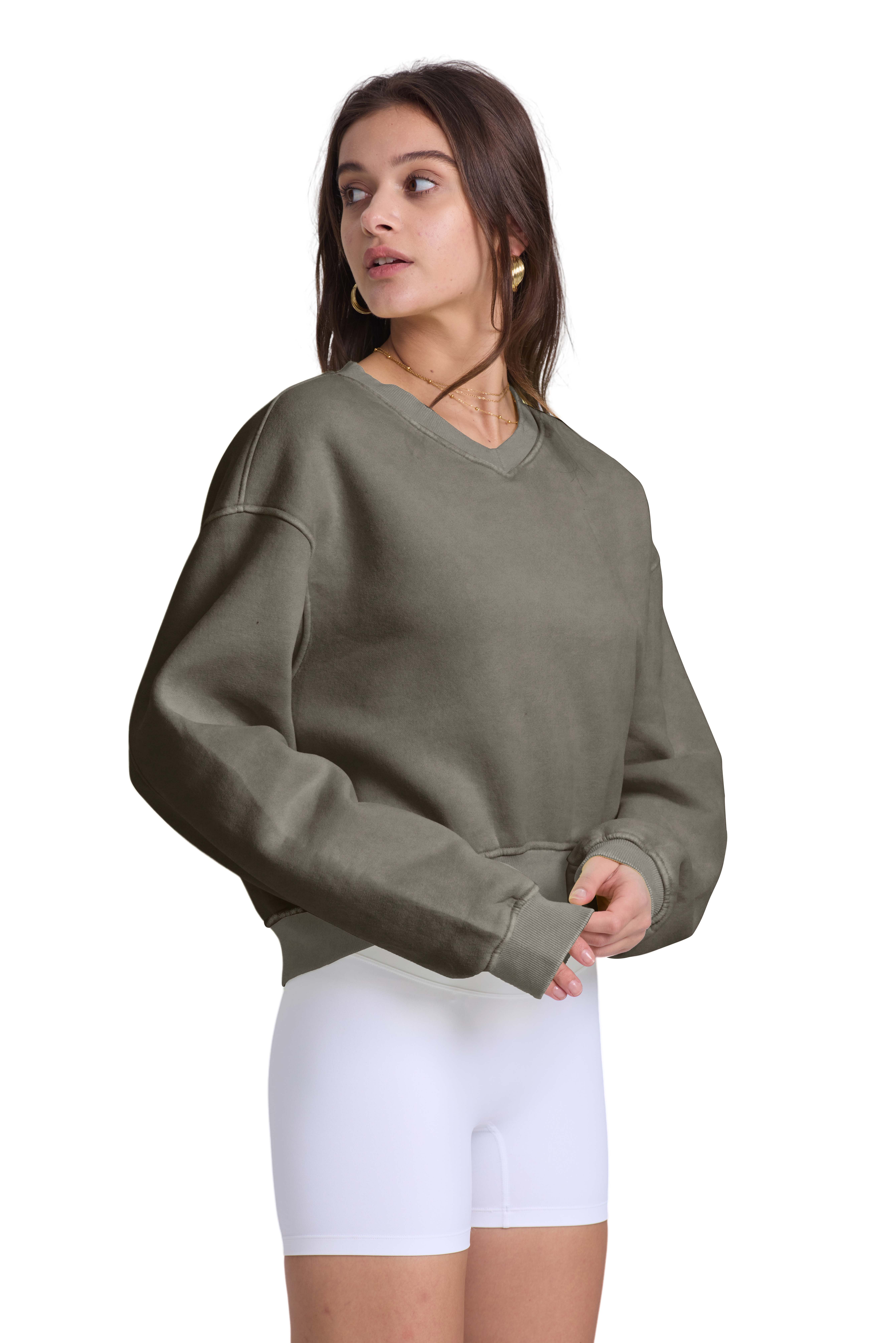 Hatant Womens Oversized V-neck Hoodie Crop Heavyweight Hoodies Vintage Acid Wash Hoodie Cotton Fleece Hoodies for Women