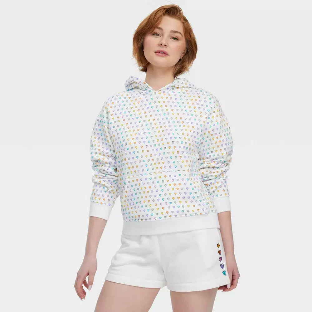 Women's Colorful Disco Hearts Wave Pullover Hoodie with Kangaroo Pocket, Pink/Lavender/Teal Sweatshirts - Project Bunny Garment