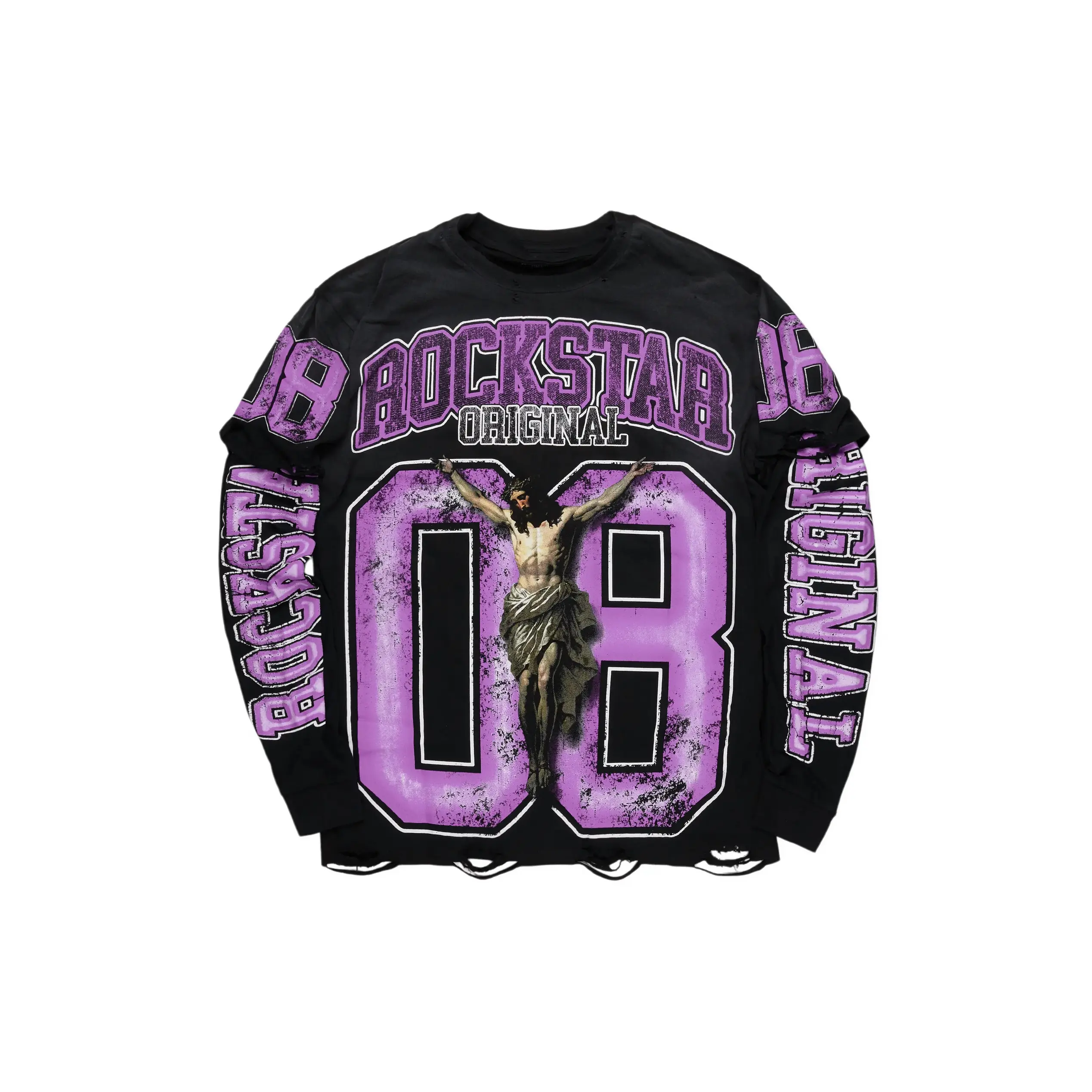 Fields Black/Purple Double Layer Distressed Long Sleeve Graphic T-Shirt