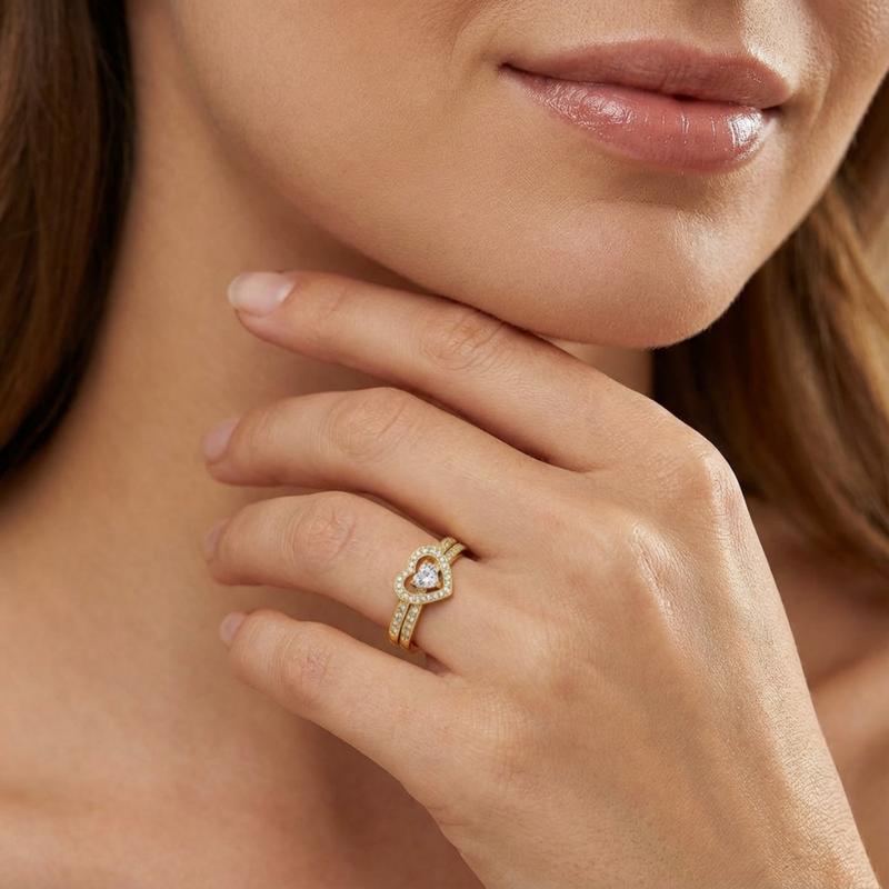 Delzzad Halo Heart Cut Ring Set Heart Pair Stacking Ring Band D Color VVS Synthetic Moissanite Ring Jewelry Copper Band Wedding Band Engagement Ring Set Promise Ring Women's Ring for Engagement, Wedding Anniversary & Valentine's Day Gifts