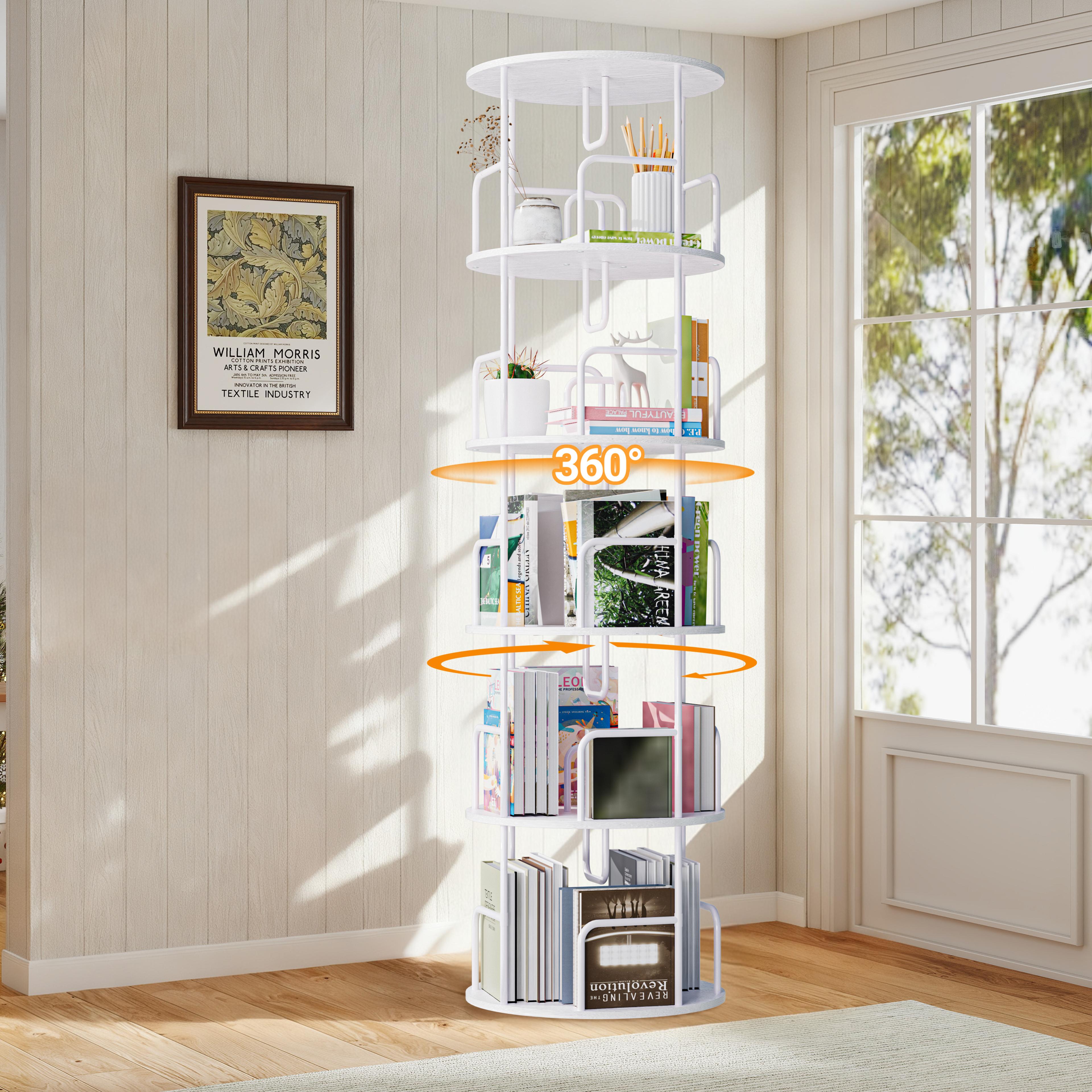 5 Tier Rotating Bookshelf, 360 ° Display Stackable Spinning Bookshelf Tower, Corner Bookshelf Tall Floor Standing Swivel Bookcase Narrow Storage Organizer for Bedroom, Living Room