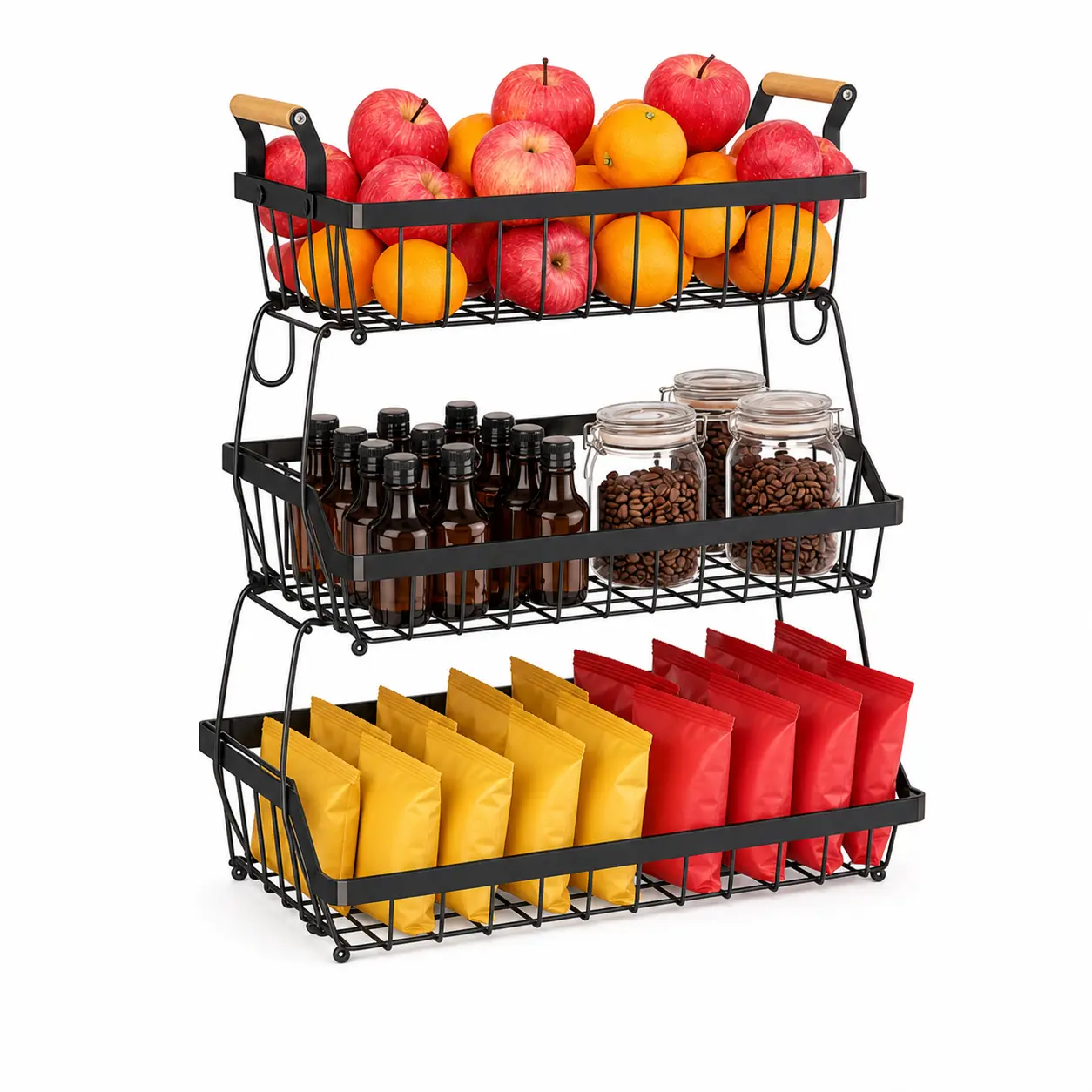2/3-Tier Wooden Handle Metal Wire Fruit Basket, Detachable Stackable Produce Organizer with Side Hooks & 2-Tier Banana Hangers for Kitchen Counter, Pantry, 2 Tier With Banana Hangers