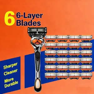 6 layer blade 24-Piece Men's Razor Blade Replacement Set with Handle - Ultra Sharp Stainless Steel Blades for Smooth Shaving, Works with Standard Razor Handles, Bulk Disposable Blades Face Head Body Shaving