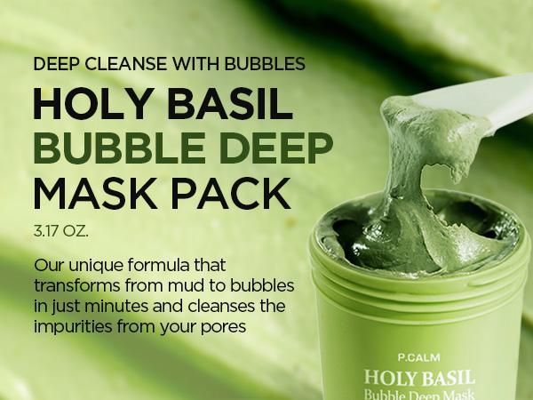 [P.CALM Official] Holy Basil Bubble Deep Mask 13% – Skin Detox Recipe K-Beauty Clay Bubble Mask with Sparkling Holy Basil & PHA, Gently Detoxifies Pores and Removes Blackheads, Korean Wash-Off Pack for Clearer Skin, 90g