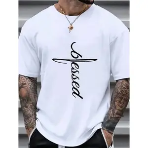 [ Men'S T-Shirt] 100%  Men'S Extra Large T-Shirt - "BLESSED" Graphic Print, White Casual Short Sleeve Top, Relaxed Fit, Machine Washable, Summer Fashion Essential, PLUS SIZEUnisex T-shirt