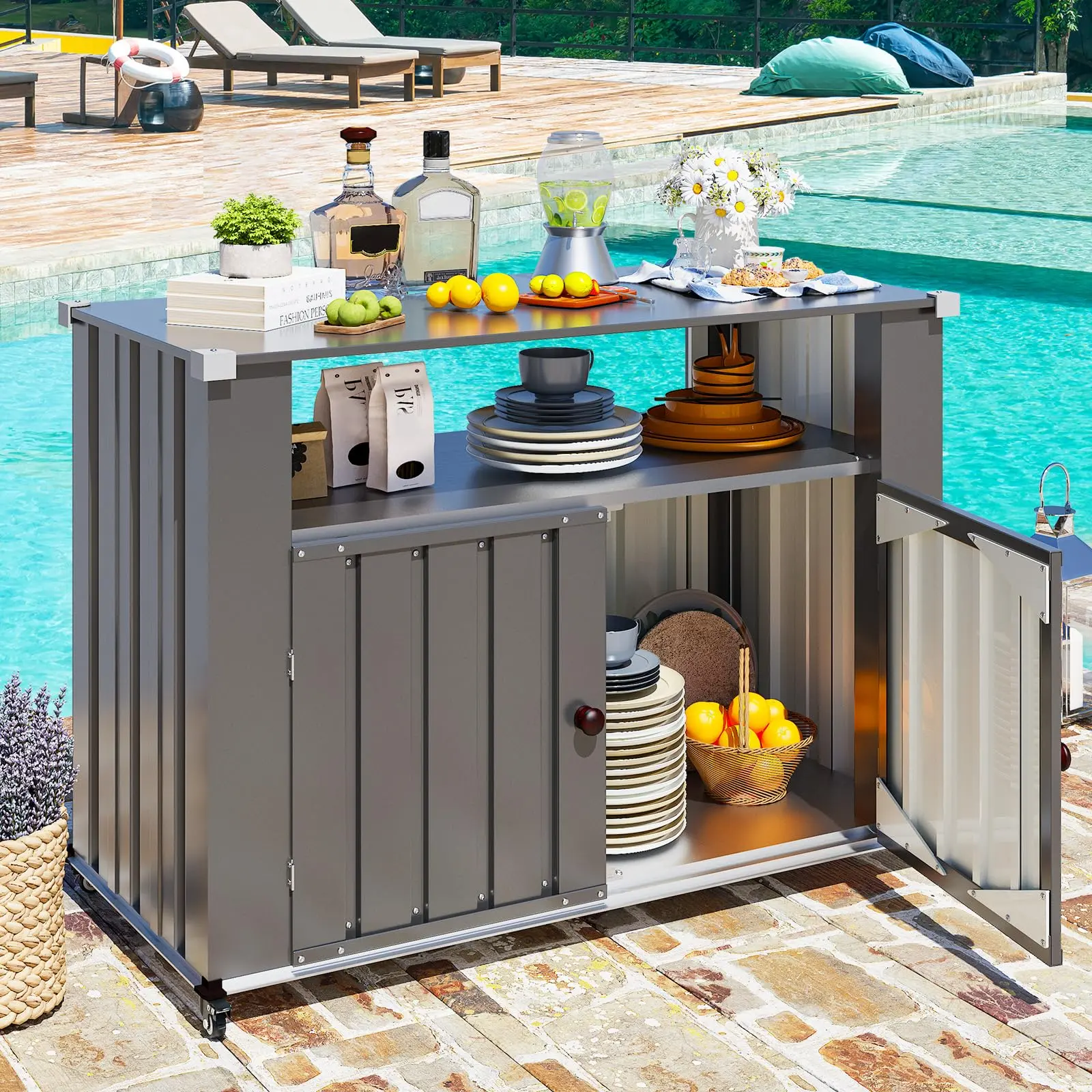AECOJOY Outdoor Grill Table with Storage Cabinet Weatherproof, Outdoor Kitchen Island, Grill Cabinet Cart with Storage, Outdoor Counter Prep Table with Storage, balcony decoration