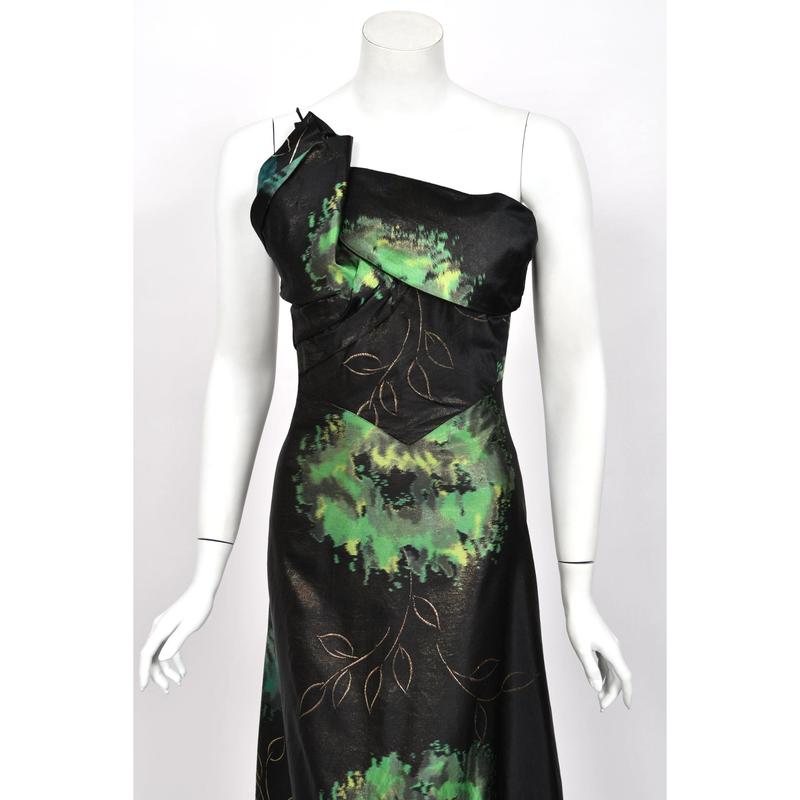 1950 Irene Lentz Couture Metallic Green & Black Floral Silk Sculpted Bustier High-Low Gown