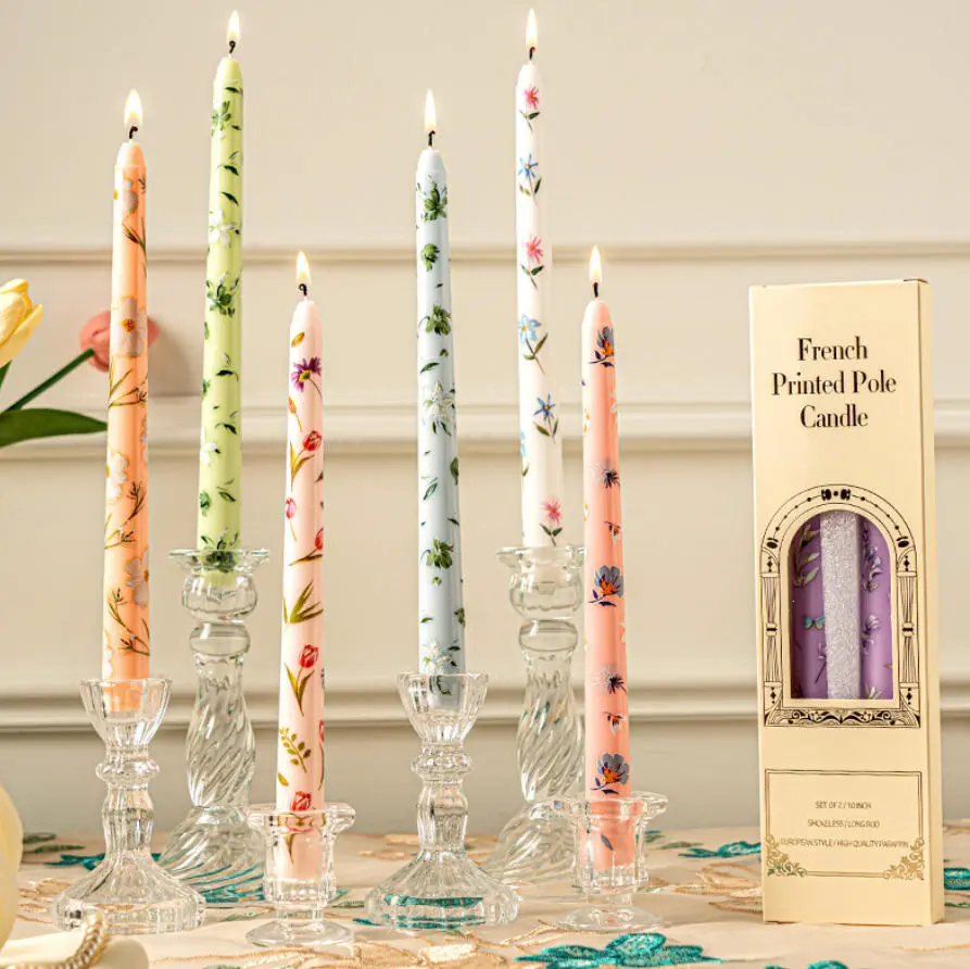 Handmade Floral Taper Candles 2Pcs 10 Inch, Dripless Smokeless Pastel Colored Candlesticks, Unique Long Tapered Sticks for Spring Party Wedding Home Decor