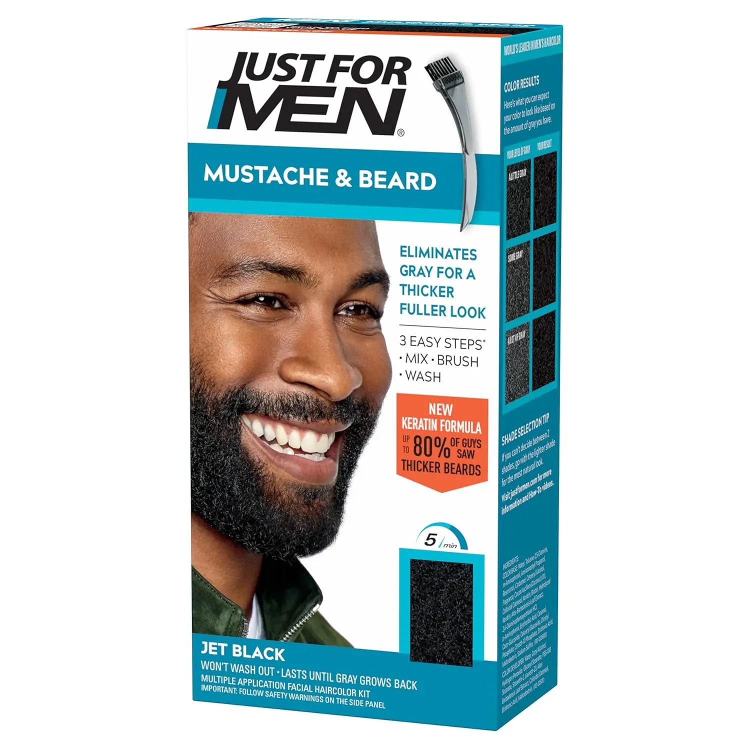 Just For MEN Mustache & Beard Brush-In Color, M-60 Jet Black, Nourishing Formula for Gray Hair with Keratin, Panthenol & Aloe, Includes Brush, 2.4 oz, 2.4 Ounces