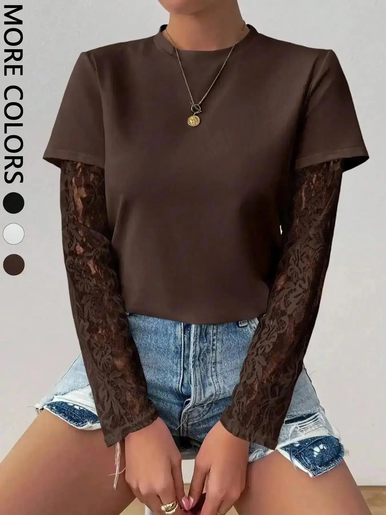Retro Women's See-Through Lace Sleeve Solid Color Round Neck Long Fitted Casual Embroidery T-Shirt Tee Top Spring Fall Cloth For Women, Winter Warm, Layering Piece, Cold Weather, New In, Office Chic, Sunshine
