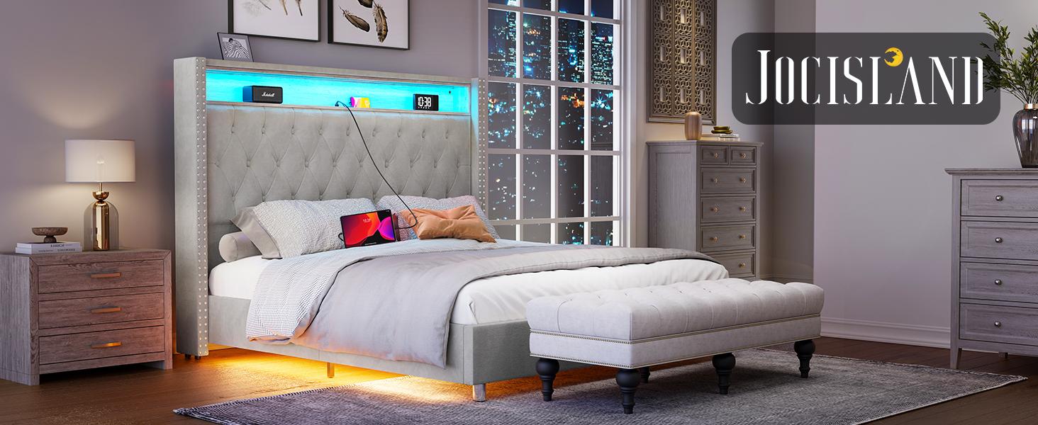 AMERLIFE LED Bed Frame with USB Ports and Motion Activated Night Light, Upholstered Bed Frame with Storage Button Tufted Headboard and Wingback, Comfortable&Sturdy/Queen/King Size/Best Gift Ideas/Christmas Gifts