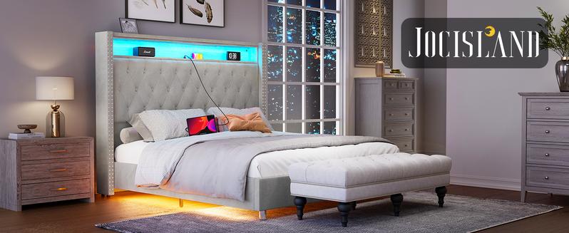 AMERLIFE LED Bed Frame with USB Ports and Motion Activated Night Light, Upholstered Bed Frame with Storage Button Tufted Headboard and Wingback, Comfortable&Sturdy/Queen/King Size/Best Gift Ideas/Christmas Gifts
