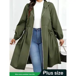 PlusSizeSolidDrawstringZipUpHoodedCoat,CasualLongSleevePocketOuterwearforFall&Winter,Women'sClothesforDailyWear??gift?? Womenswear Jackets
