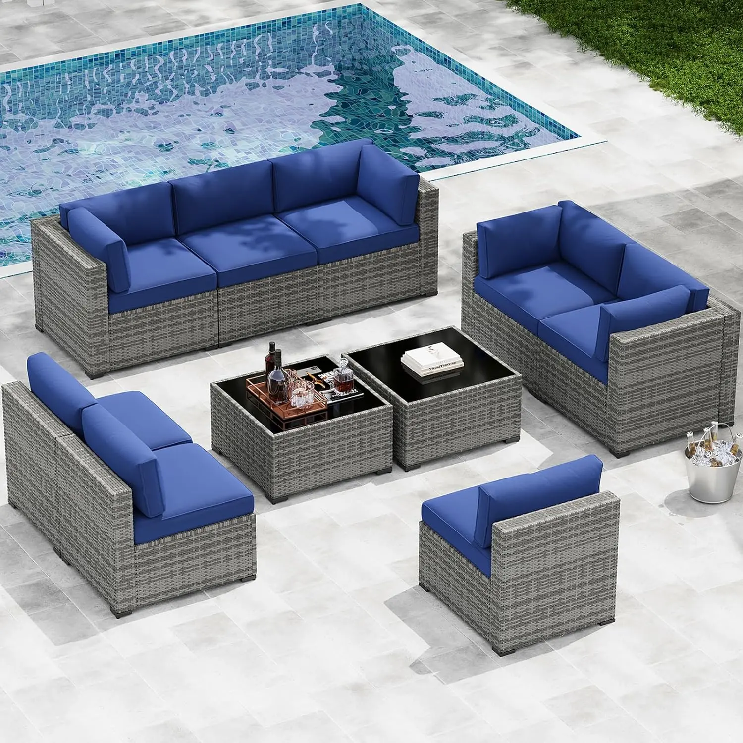 Aoxun 10-Piece Patio Furniture Sets, Wicker Rattan Outdoor Sectional Couch Sofa with Thick Cushions, Patio Conversation Set Including Coffee Table, Blue