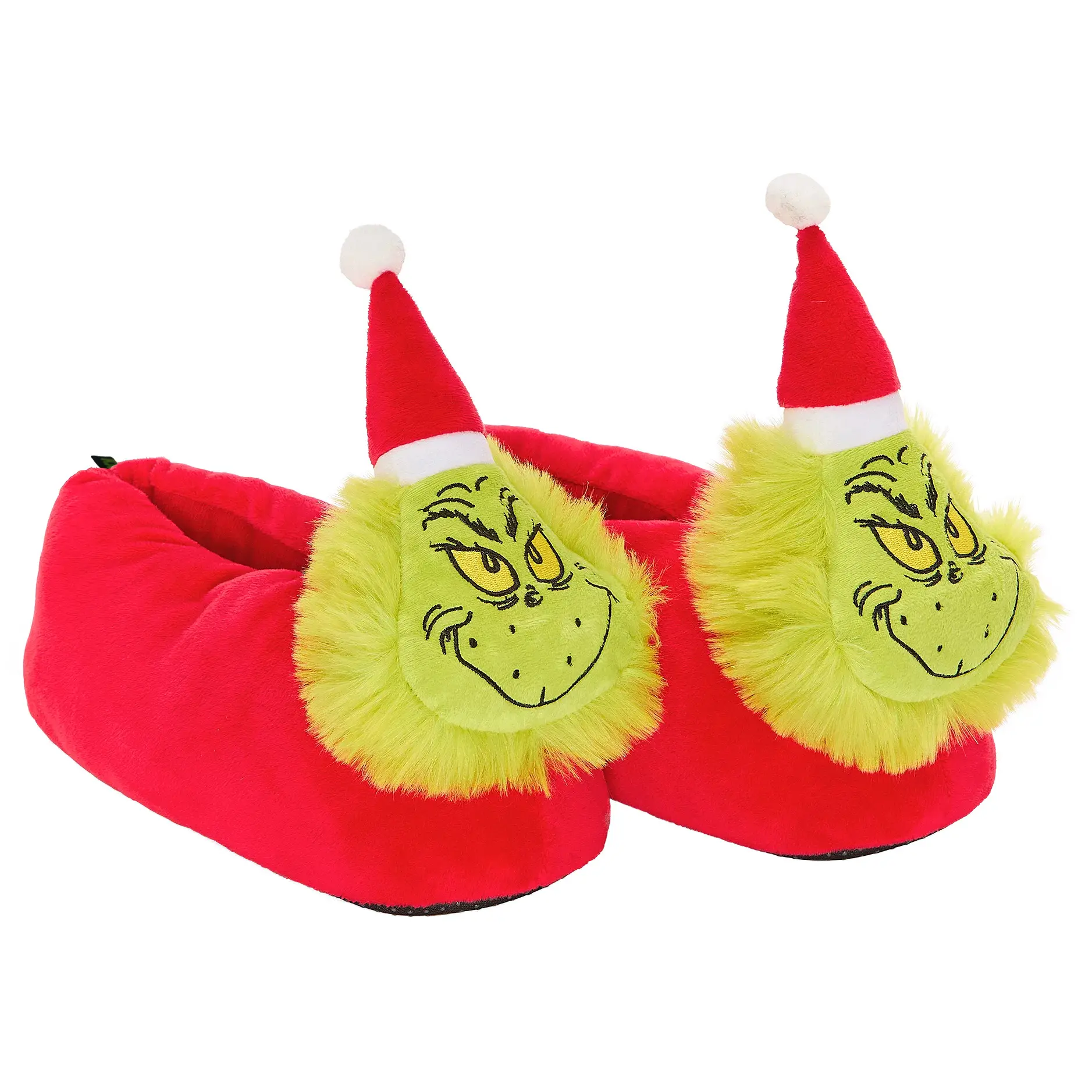 Dr. Seuss The Grinch Who Stole Christmas Santa Character OSFM Unisex Adult Slip-On Slippers, Rubber Sole, Soft Fabric, 3D Fluffy, Closed Toe, Casual Men's Home & House Shoes