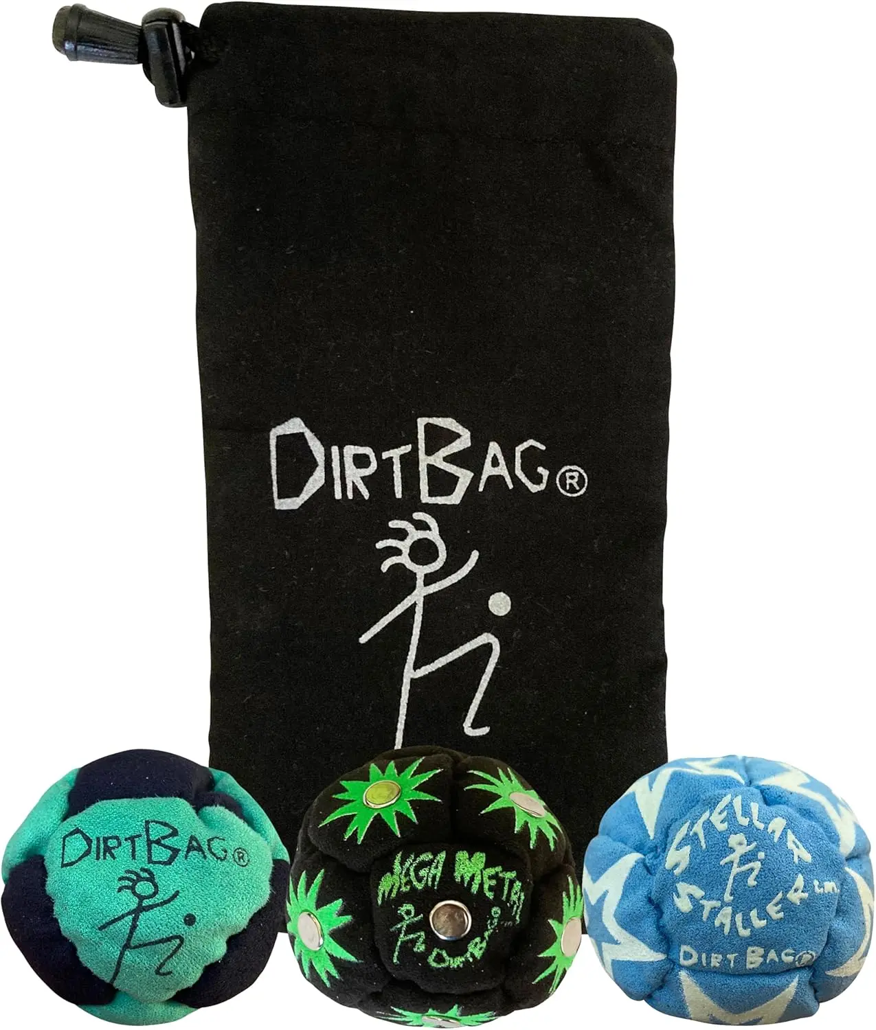 DIRTBAG All-Star Footbag 3-Pack Set for Practicing New Tricks - Durable Design, Bright Color Combos with 3 Different Feels, Includes Glow-in-the-Dark Bag & Pouch