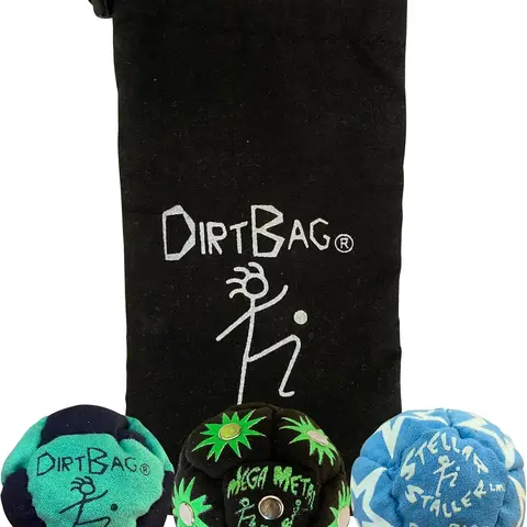 DIRTBAG All-Star Footbags Set (3 Pcs, Bean Bag Included) - Sand, Metal Pellet & Plastic Fills, 3 Feels, Bright Color Combos, Glow-in-the-Dark Bag, Carry Pouch Included, Unique Designs, Blue/Black/White Options, For Tricks & Practice