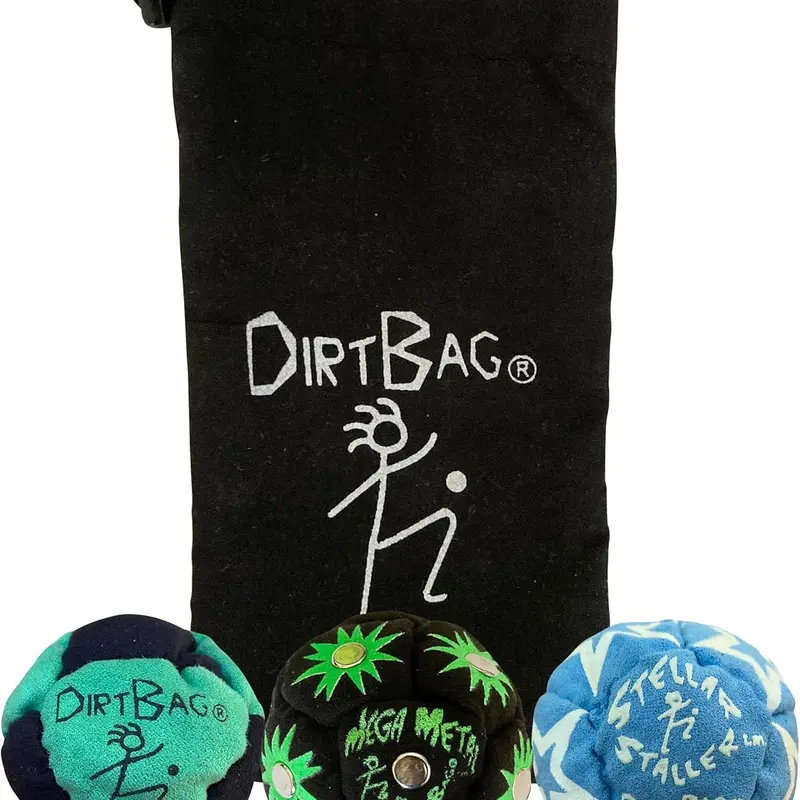 DIRTBAG All-Star Footbags Set (3 Pcs, Bean Bag Included) - Sand, Metal Pellet & Plastic Fills, 3 Feels, Bright Color Combos, Glow-in-the-Dark Bag, Carry Pouch Included, Unique Designs, Blue/Black/White Options, For Tricks & Practice