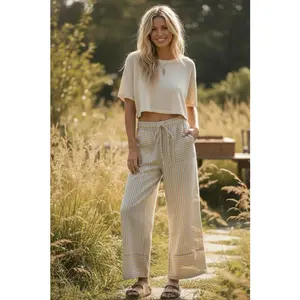 Stripe Stroll Woven Wide Leg Pants - Taupe Combo