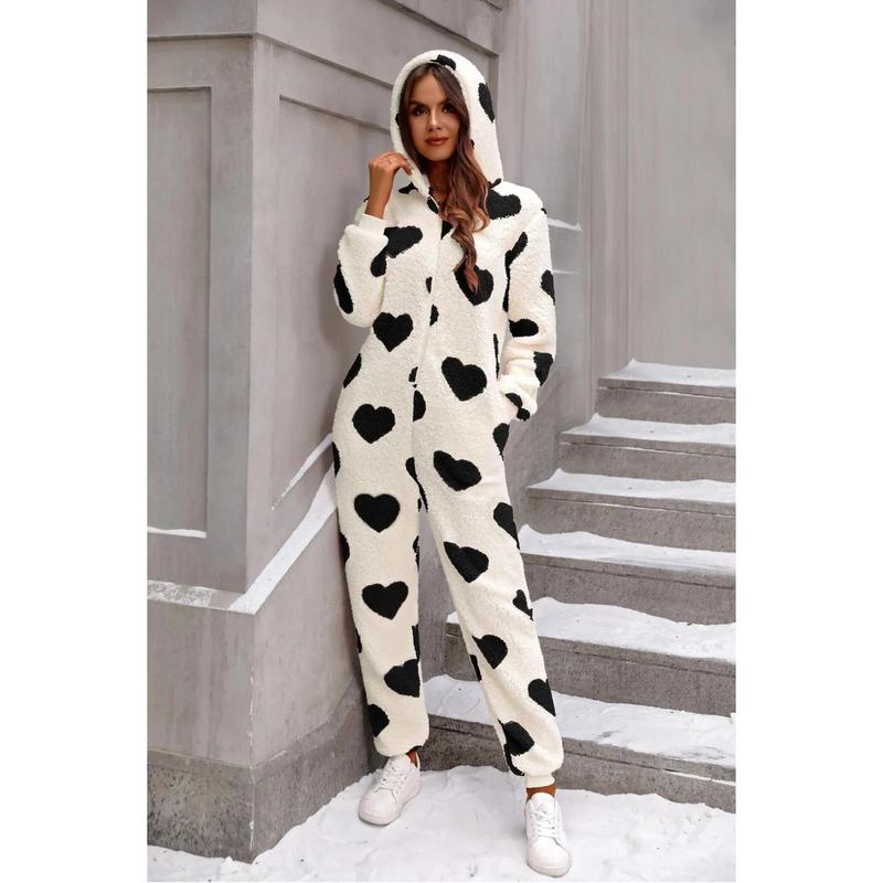 Fuzzy Heart Zip Up Hooded Lounge Jumpsuit