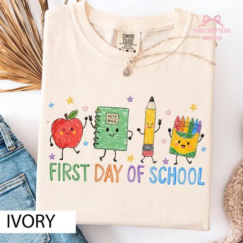 Cute School Supplies First Day Of School Comfort Colors Shirt, Back To School Teacher Student Tee, Apple Crayon Pencil Shirt