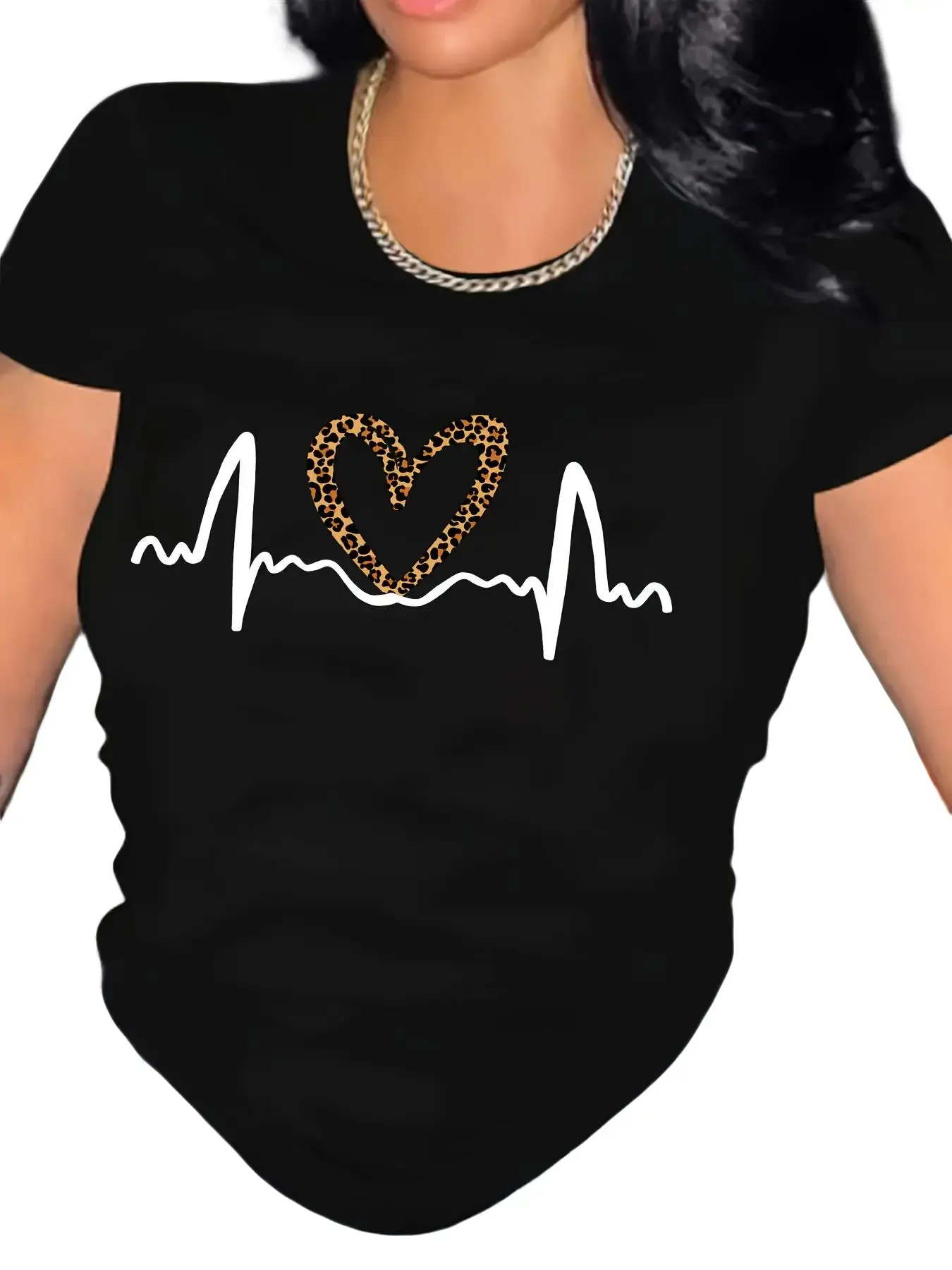 Women's Leopard Print Heart T-Shirt, Casual 100% Cotton Crewneck, Breathable Top for Sports, Athletic Sports Clothing, Breathable Tops