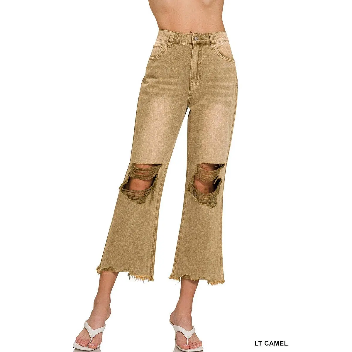 South Side Crop Distressed Jeans - Camel