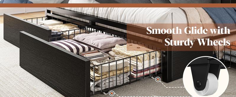 6 Drawers LED Bed Frame with Storage Shelf, Wood Luxury Platform Bed Frames with USB Port Charging Station & Upholstered Headboard for Queen, Full, Holds 1000lBS, No Box Spring Needed, Gray, Rustic Brown