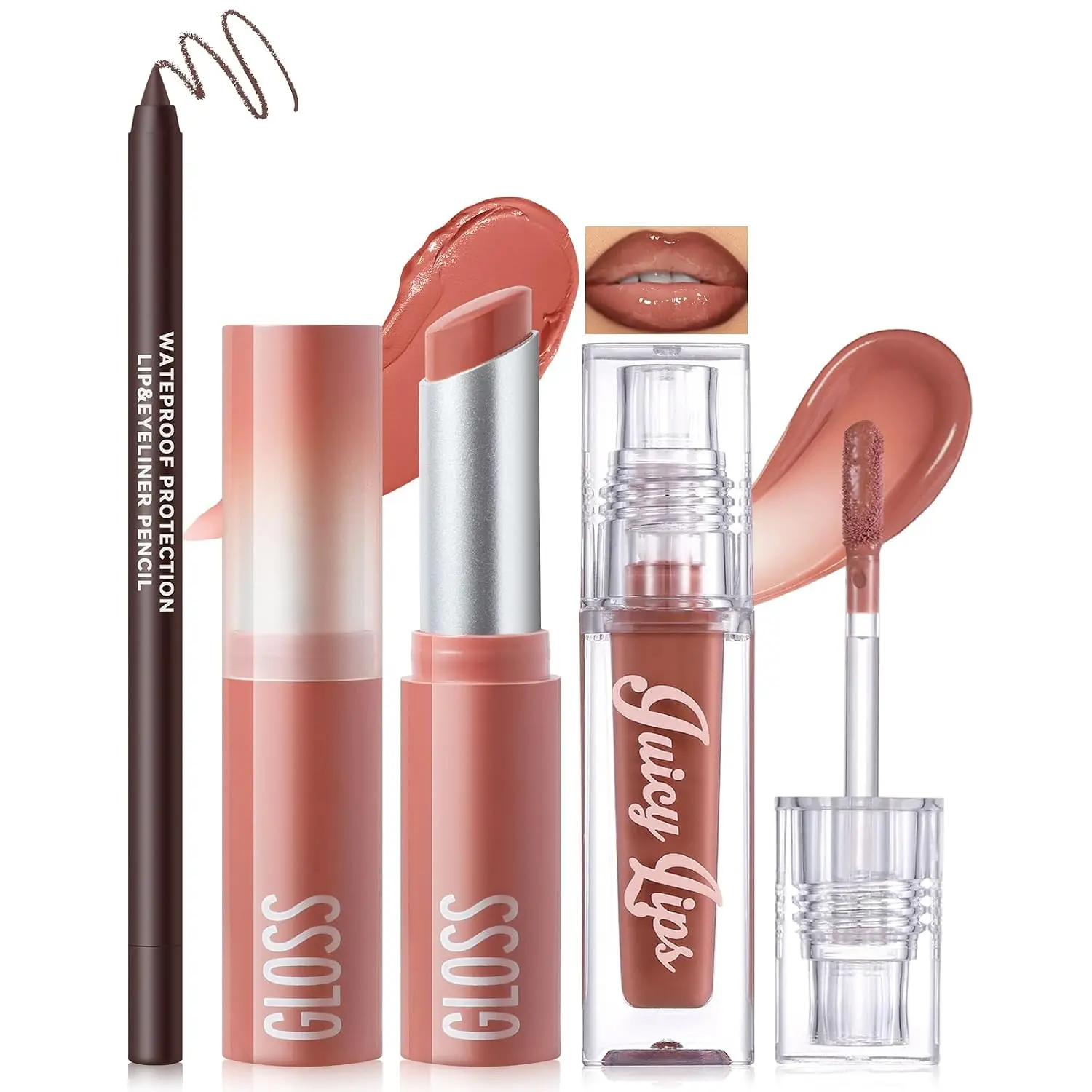 Noerrors 3Pcs Lip Combo Set, Lip Kit with Brown Plumping Lip Liner & Nourishing Lipstick & Nude Glossy Lip Gloss, Long-Lasting, Lightweight, Non-Sticky, Juicy Nude Pink Lip Contour Trio Set for Women