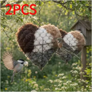 2Pcs Handwoven Fiber Heart Shaped Hummingbird Nest Fillable Winter Use Home Garden Yard Decor