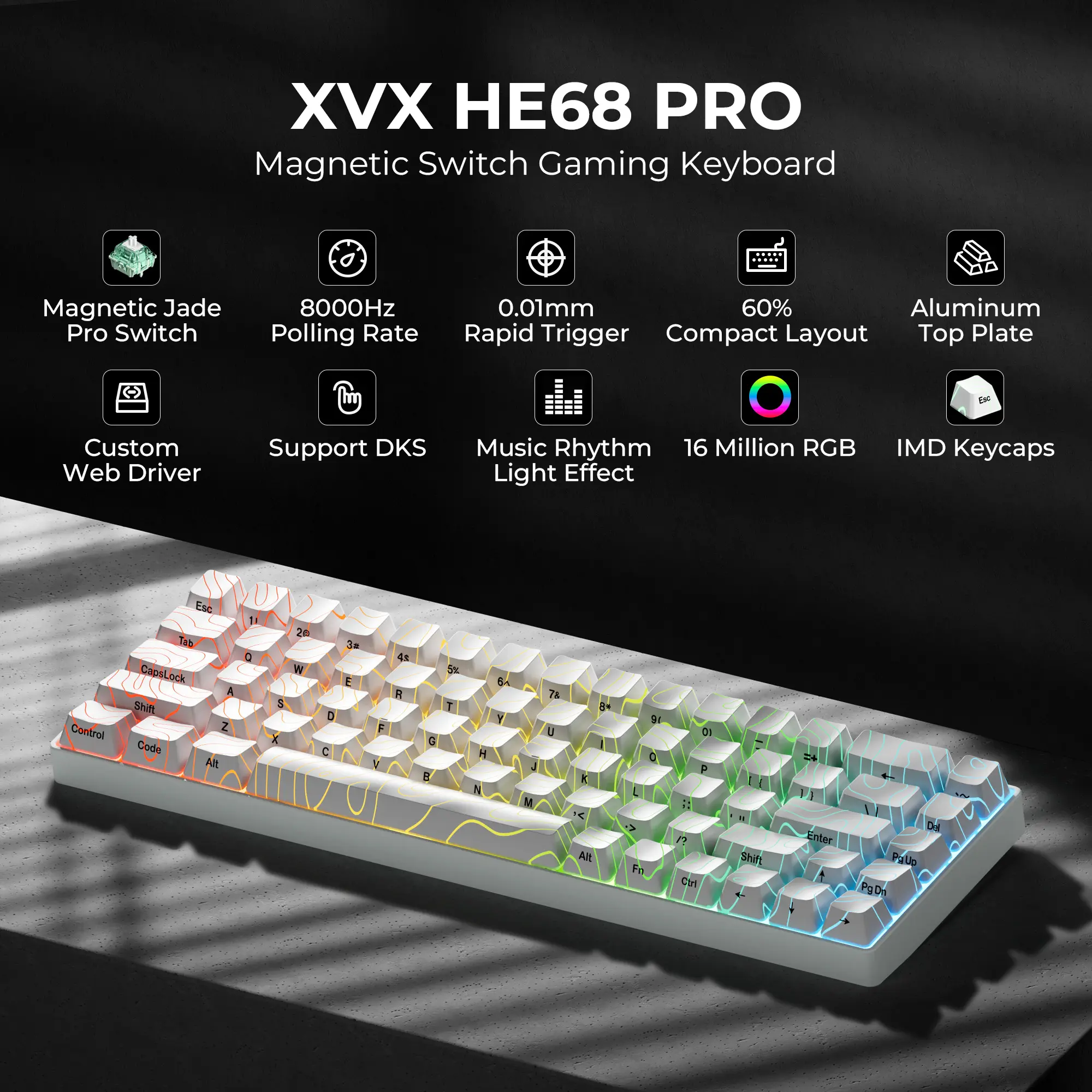 XVX HE68 Pro Gaming Keyboard,Gateron Magnetic Jade Pro,CNC Aluminum Frame,Hot-Swap 8000 Hz Polling Rate, 0.02mm Rapid Trigger Gaming Hall Effect 68% Wired Mechanical Keyboard,IMD-Tech keycaps,RGB Backlit,Adjustable Actuation,Rapid Trigger Mode tiktokshopb