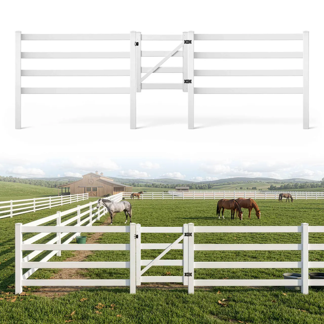 Fencer Wire 300FT Vinyl Ranch Fence Kit, 4-Rail White PVC Fence System with 5ft H x 4ft W Gate, 7ft Posts & 8ft Rails, UV-Resistant, Easy Installation, Durable Outdoor Fencing for Ranch, Yard & Farm