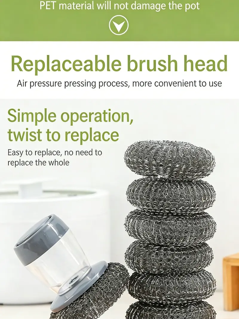 Automatic Liquid Filling Palm Brush with Comfort Handle, Ergonomic Non-slip Grip, Durable Bristles - Kitchen Gadgets, Cleaning Supplies for Sink Pot Bowl Cleaning, Detachable Head, Removable & Washable Multi-Purpose Home Care Sponge