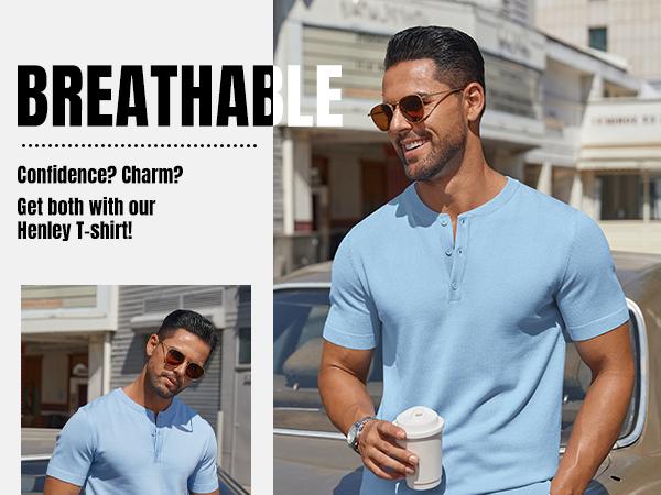 COOFANDY Men's Knit Henley Shirts Short Sleeve Casual Basic Tee Summer Button Soild T Shirts