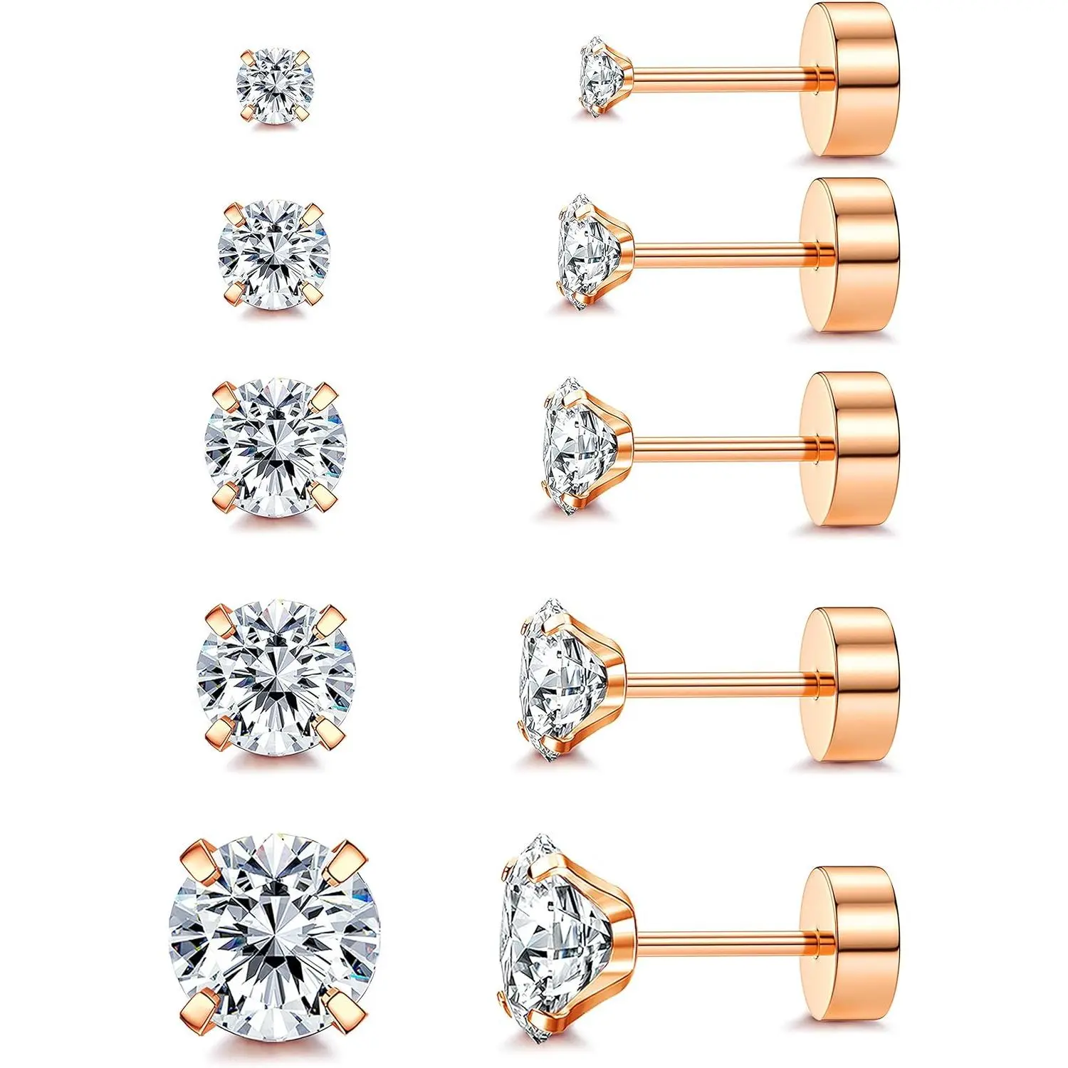 FLORIDECO 5-Pair G23 Titanium 20G Flat Back Stud Earrings Set, Artificial Zircon Jewelry for Sensitive Ears, 2/3/4/5/6mm Daily Wear Accessories for Women Men, Artificial Zircon Earrings, Stud Earring Jewelry, Earring For Women