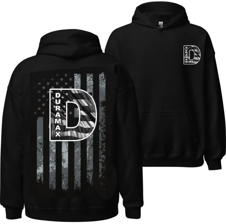 Duramax Diesel USA Flag T-shirt Hoodie for Men, Distressed American Flag Graphic Tee, Two Sided Diesel Truck Power Shirt, Patriotic Trucker Enthusiast Gift