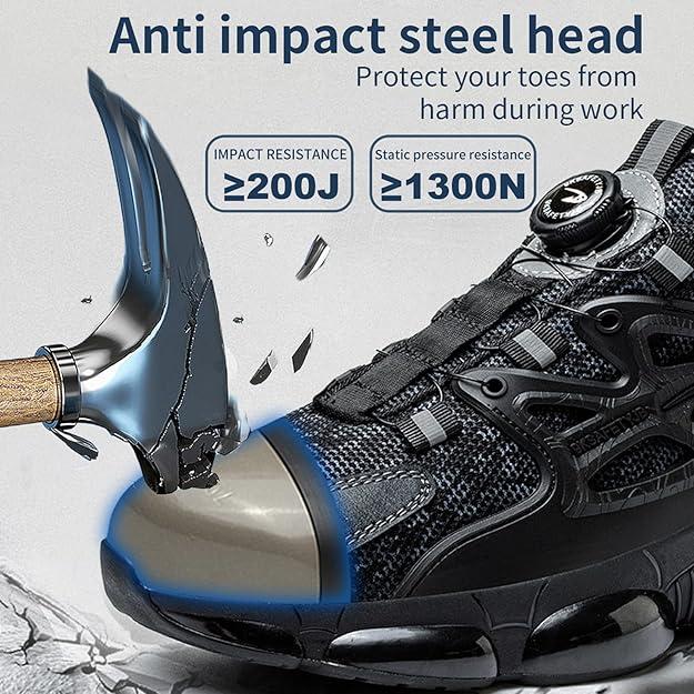 Men's Steel Toe Safety Shoes Puncture Proof Smash Proof Swivel Button Grey Mesh Work Boots for Outdoor Construction Dustproof Durable Non-Slip Outsole