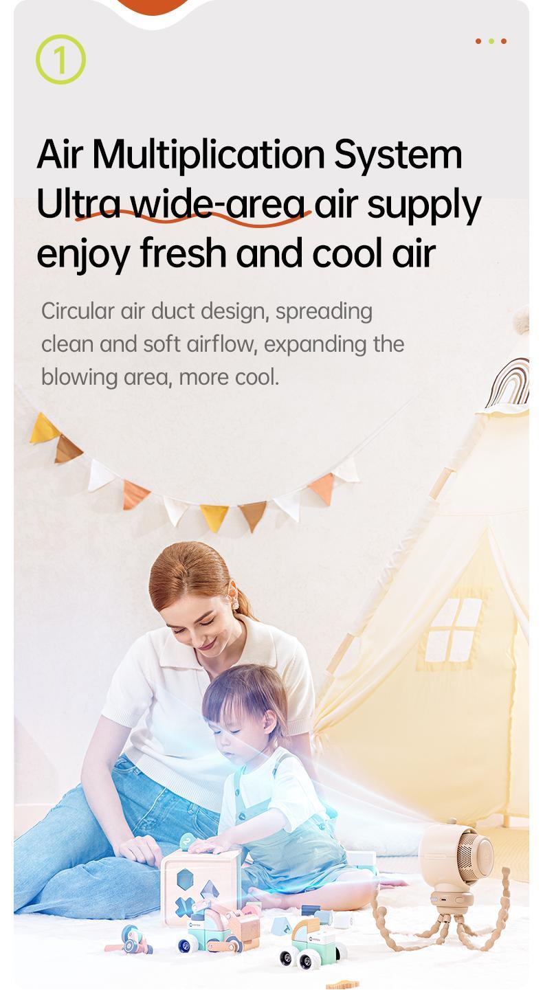 JISULIFE Stroller Fan Life2 Portable Baby Crib Fan with 100 Speeds Air Purify & Air Turbo Tech Bladeless Battery Powered for Home Office & Camping - Rubber
