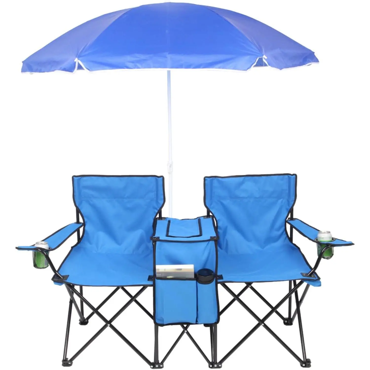 Outvita Folding Double Camping Chair w/Umbrella Beverage Holder Carrying Bag Cooler Fold Up Table, Large Bearing Capacity for Beach Patio Pool Park Outdoor Blue Summervibes