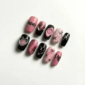 Pink Black Press On Nails, Y2K Grunge Bow Nail Art Set