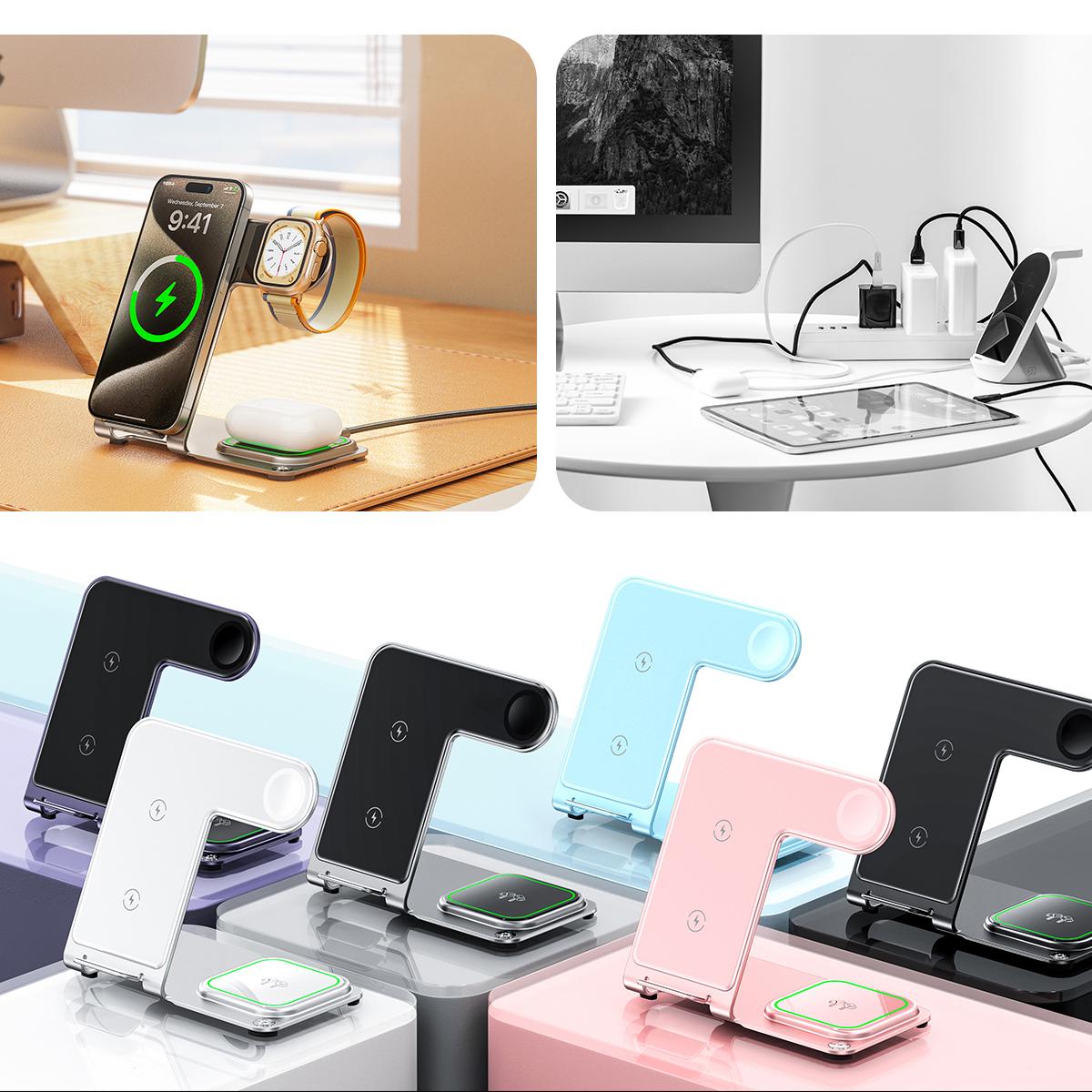 3 in 1 Wireless Charging Station for Apple Multiple Devices Wireless Charger for iPhone 15 14 13 12 11 Pro (Not for Mini Series) Metal Charging Station for Apple Watch for AirPods 2/3/Pro/Pro 2